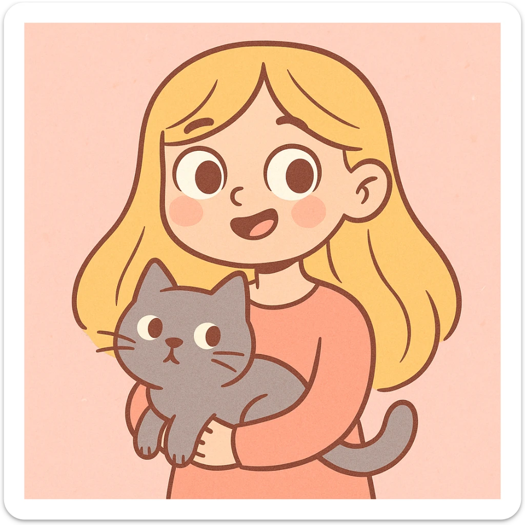 girl with long blond hair, brown eyes, and a grey cat, soft pastel cartoon style sticker