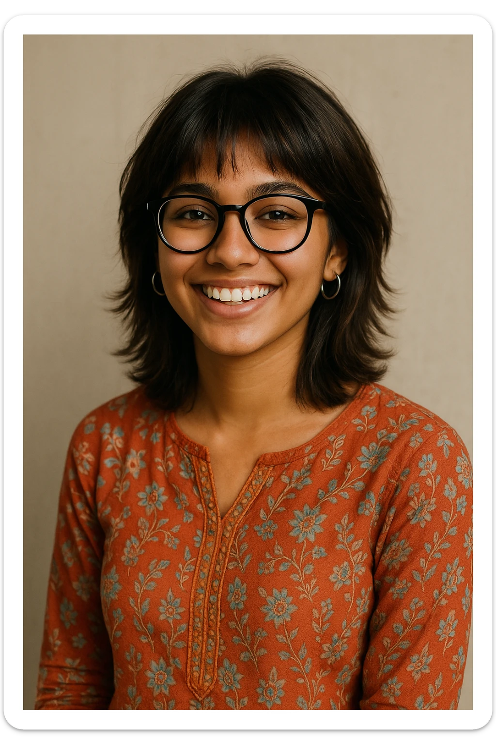 a 19-year-old girl with tan skin, shoulder-length wolfcut hair dark brown with hazel highlights, black bowline glasses, silver hoop earrings, wearing a kurti, smiling, casual pose sticker