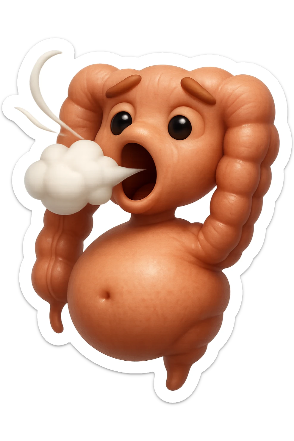 emoji stile iphone di un intestino che ingoia una nuvoletta di aria ben visibile e gli si gonfia la pancia, non fargli il naso, iperrealistico 4k sticker
