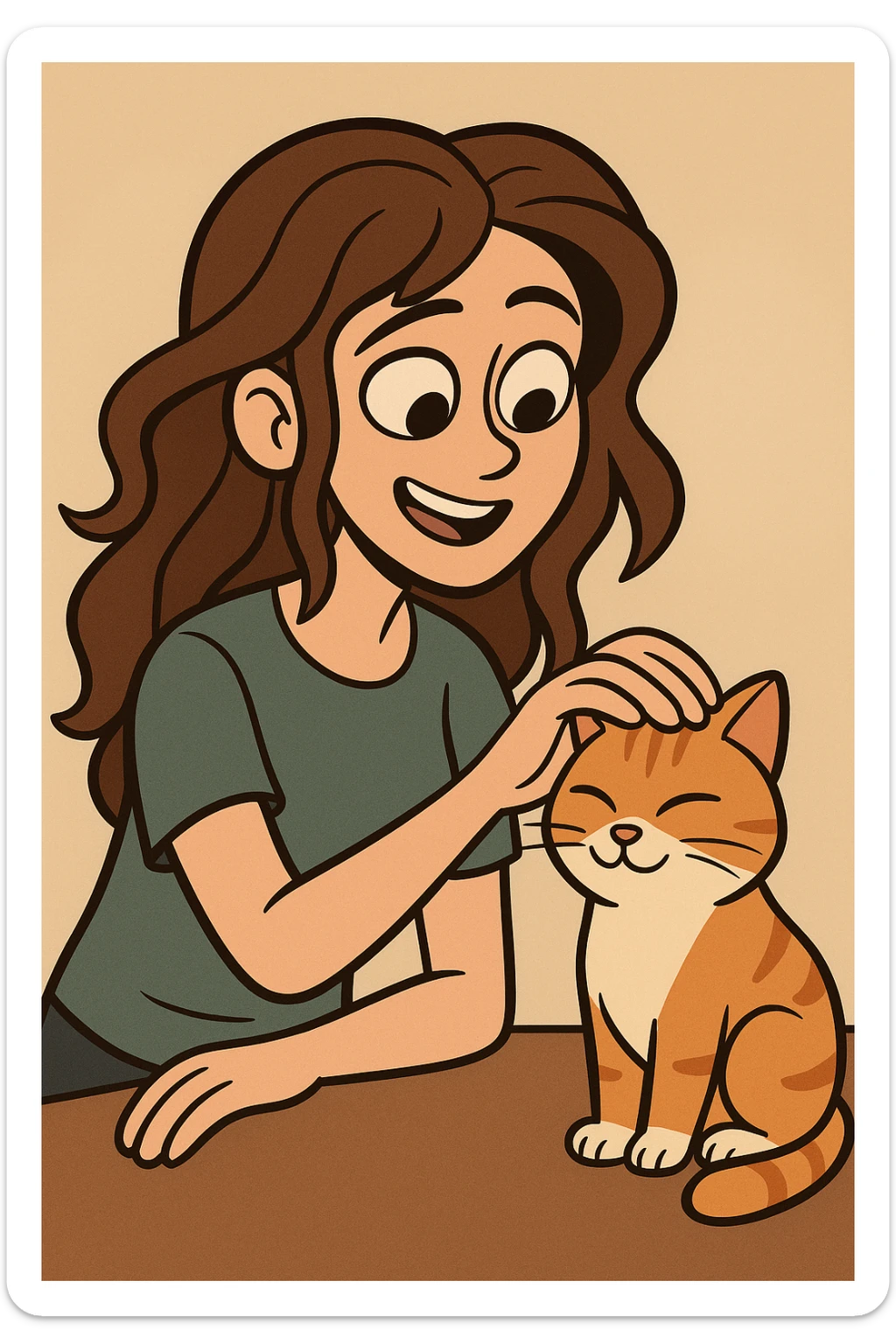 a girl with long wavy brown hair and brown eyes petting a cat, modern cartoon style sticker