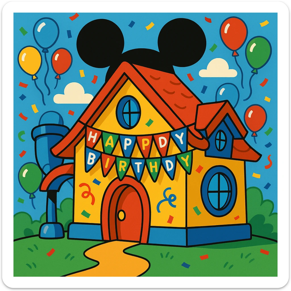 Mickey Mouse inspired house, birthday celebration, vibrant colors, cartoon style sticker