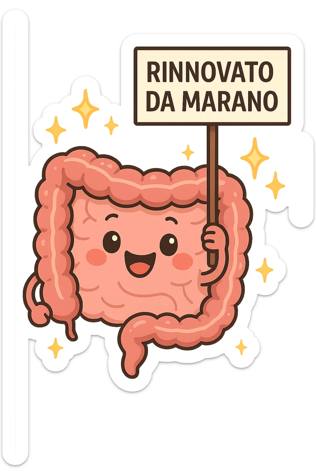 fammi un intestino identico a questo, ma felice e con le scintille di splendore dorate sopra, si sta rinnovando come se fosse in ottima salute, in mano ha un cartello con la scritta "RINNOVATO DA MARANO" sticker