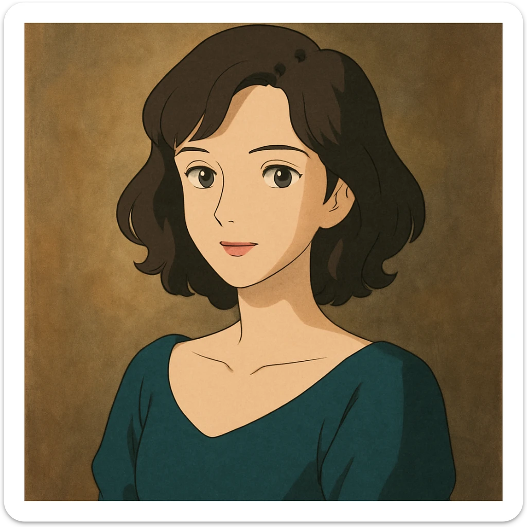 tasteful portrait of a brunette woman, soft lighting, elegant expression, color illustration, ghibli style sticker