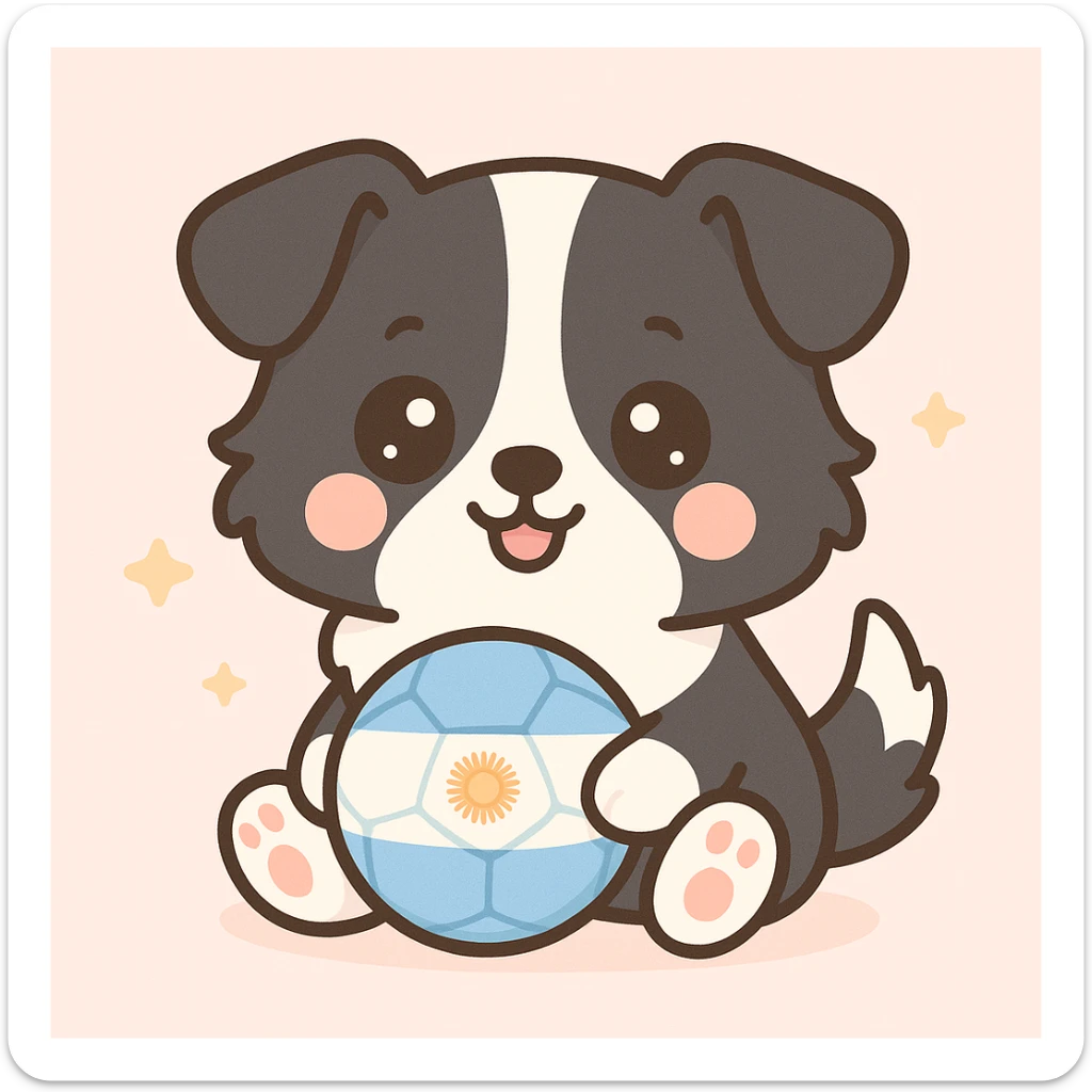 cute Border Collie puppy with blue and white soccer ball, Argentinian theme, kawaii style sticker