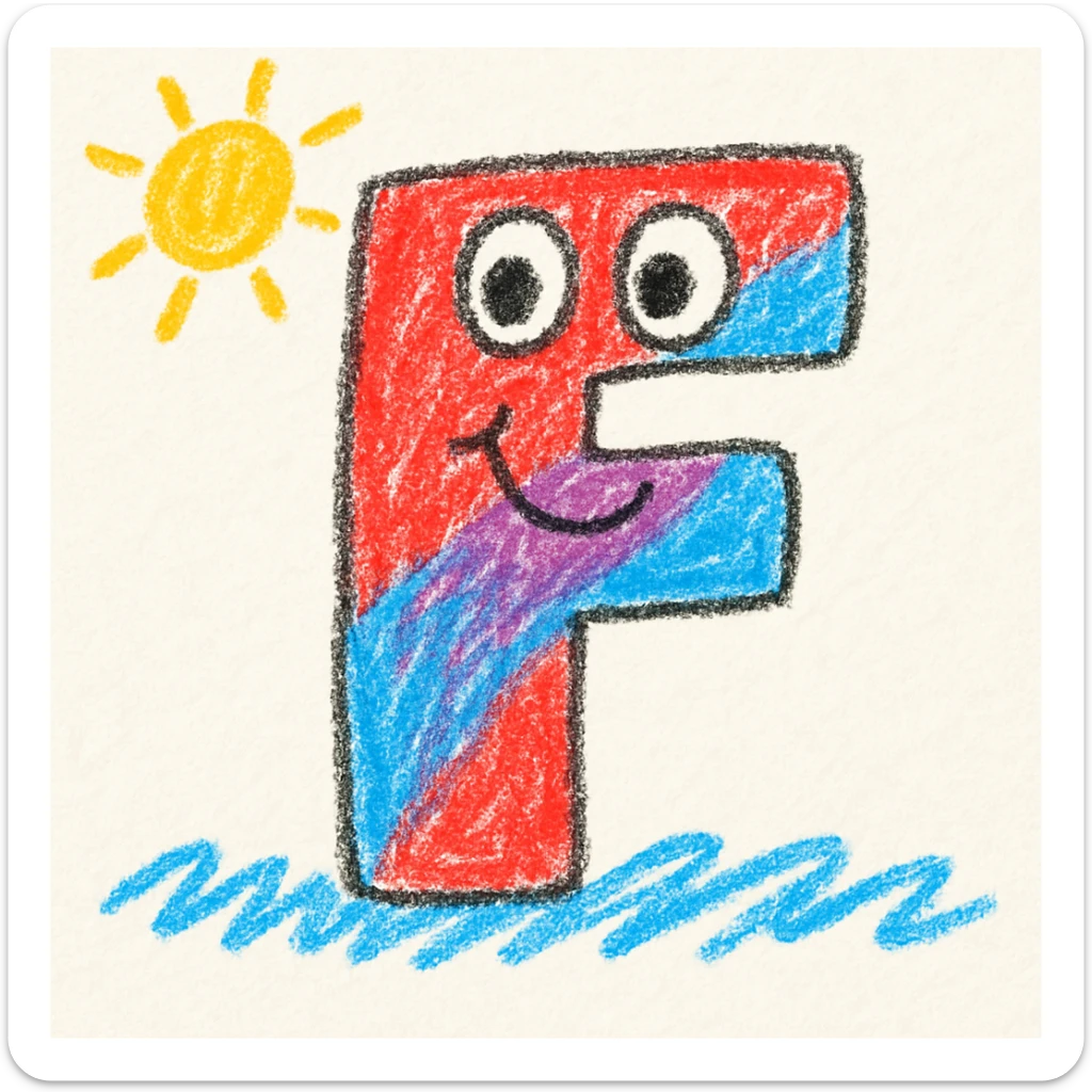 A bold, rounded letter F with eyes and a smile, decorated in vibrant, kid-friendly colors, in a fun ABC style. sticker