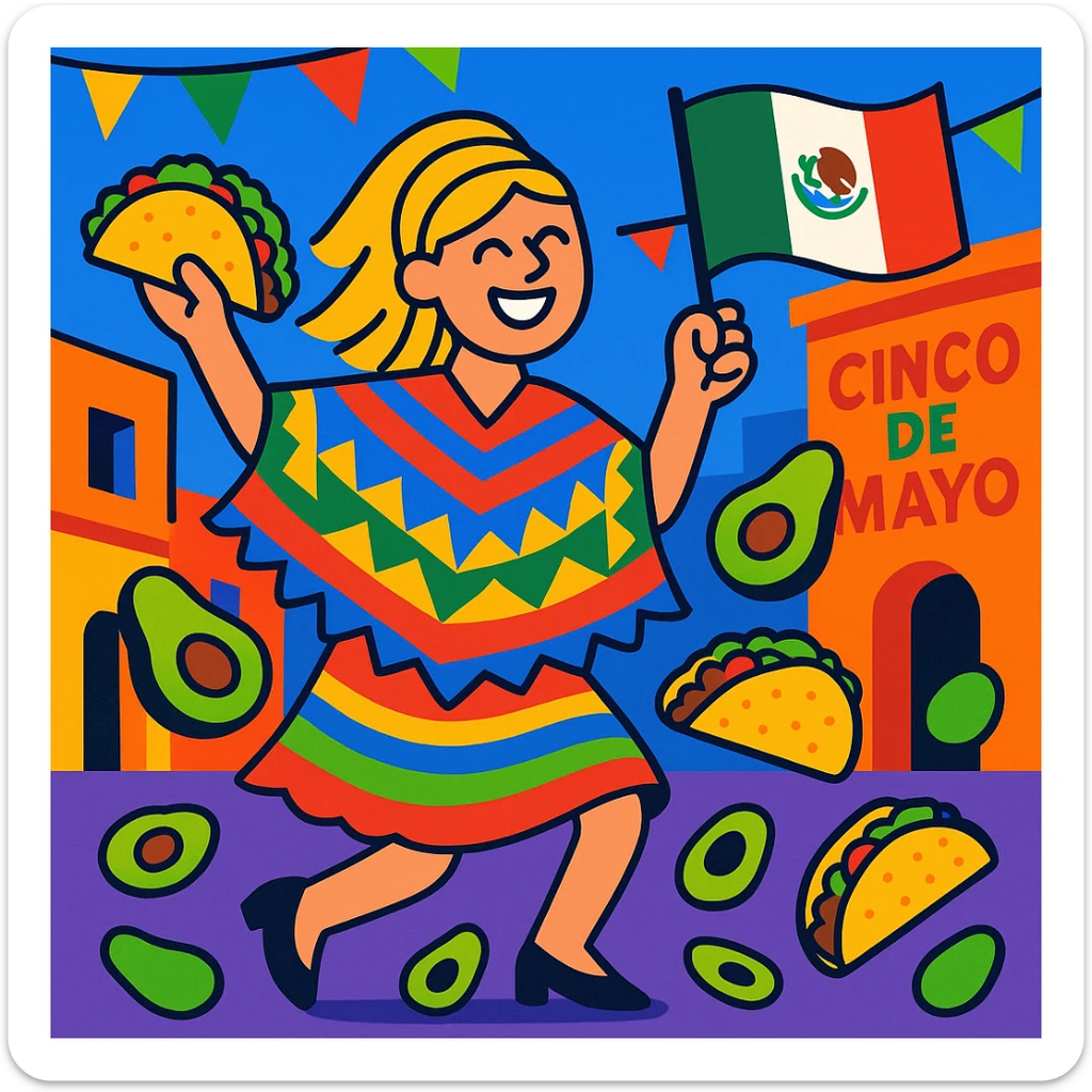 festive Cinco de Mayo cartoon of a tall blonde woman, smiling, wearing a colorful poncho, holding a taco and an avocado, waving a Mexico flag, dancing in the street, surrounded by tacos and avocados, lively street party background, bright and bold colors sticker