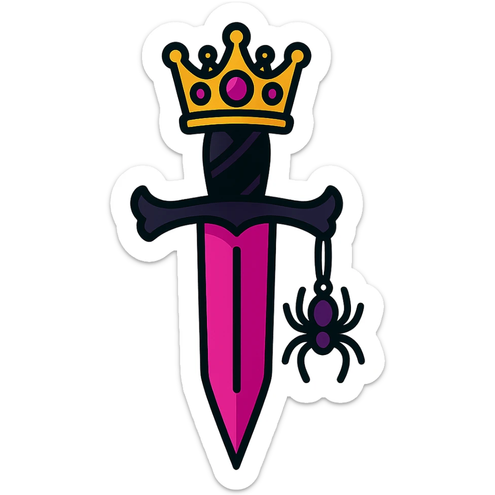 gothic knife, black and pink, with jeweled crown and spider charm, vibrant toon style sticker