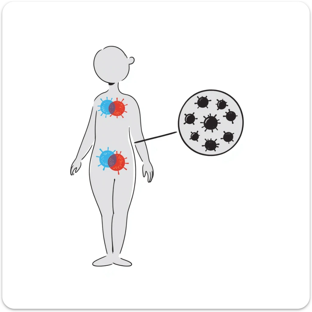 Medical illustration of anti-inflammatory process: transparent human body with highlighted joints, cool blue healing energy neutralizing red inflammation areas, small circular inset showing immune cells becoming calm, clean clinical style with soft futuristic background sticker