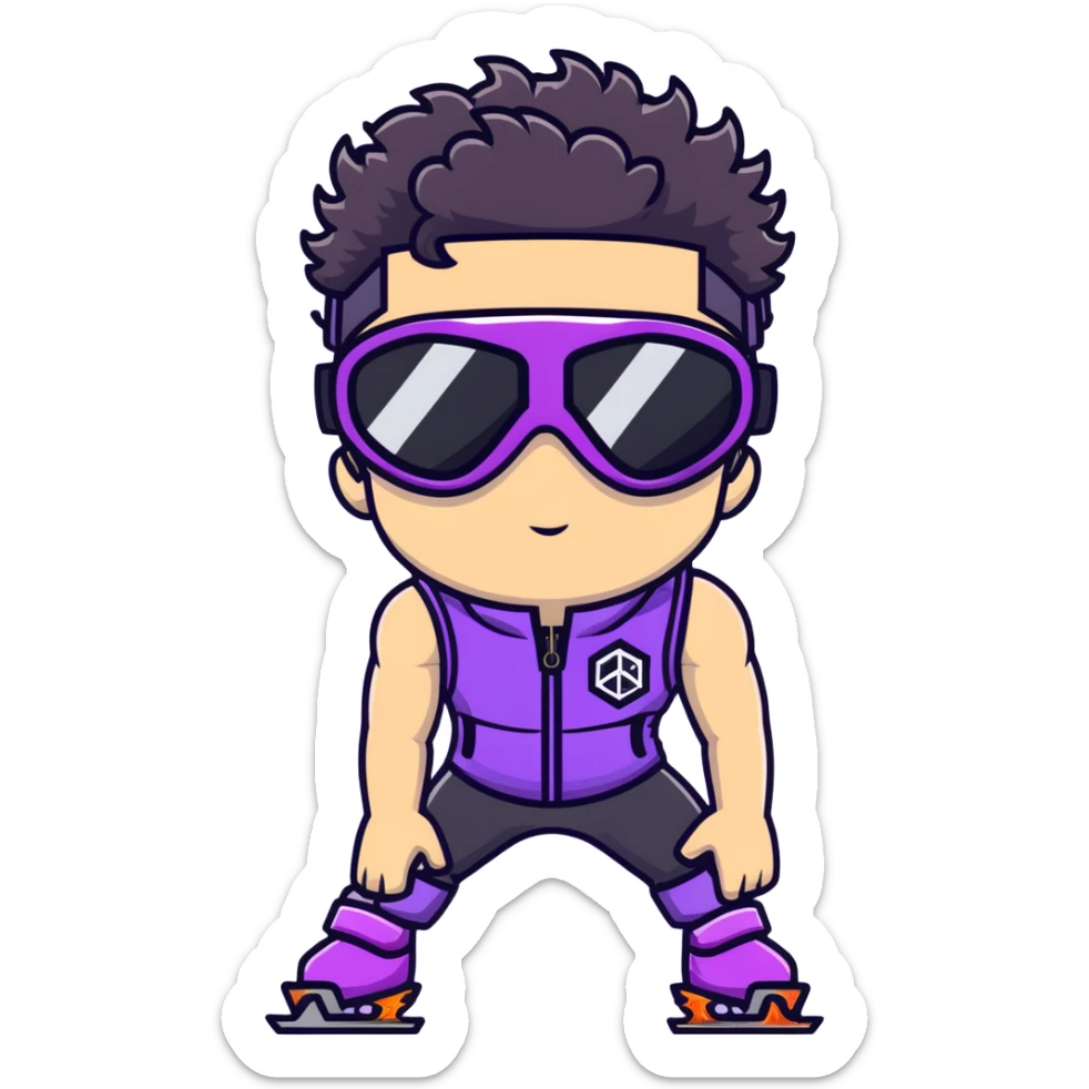 male athlete with white skin and moderately curly black hair on top with shaved sides, wearing ski goggles with purple frames and very dark black lenses, a simple plain black chain necklace, and a completely unzipped sleeveless vest with purple and black sequin fire pattern design, fully revealing his chest, shoulders and arms, no earrings sticker