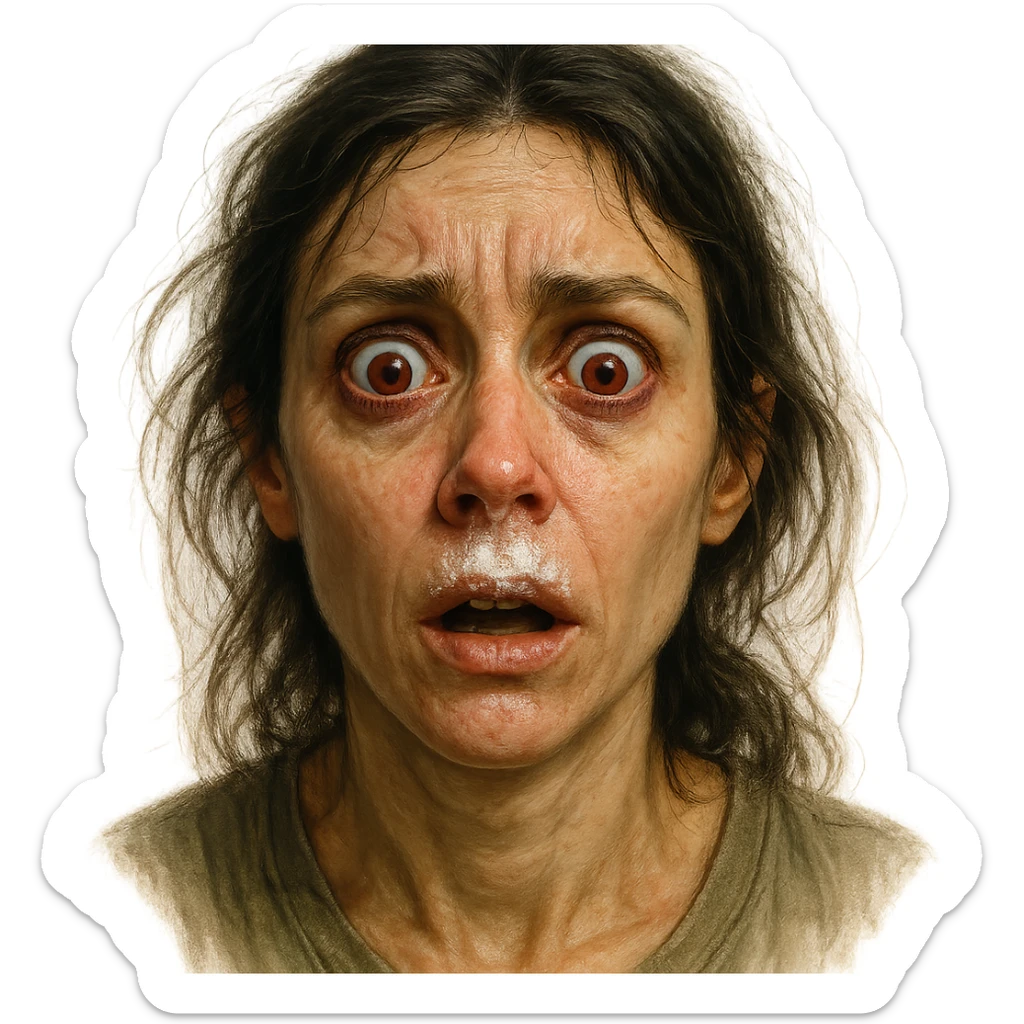 woman with white powder under her nose, wide red eyes, expressive, detailed, no background sticker