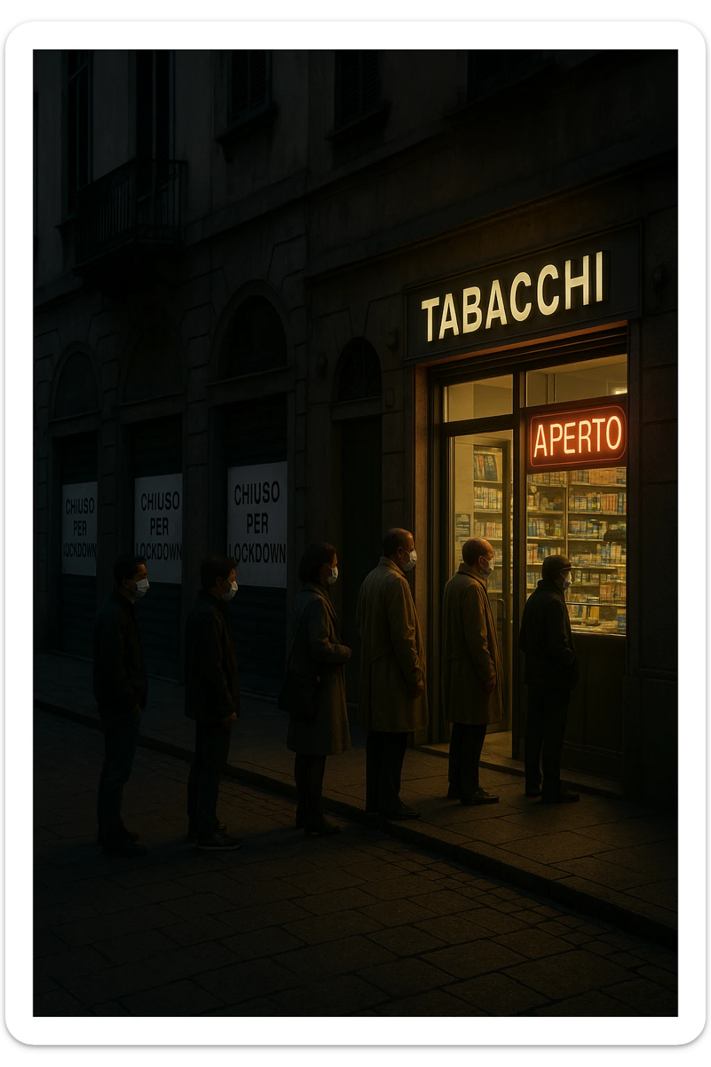 a deserted city street with all shops and businesses shuttered, their windows covered with “Chiuso per Lockdown” signs. In contrast, a brightly lit tobacco shop stands open, with a glowing “Aperto” sign and people lined up outside, all wearing masks. The mood is somber and critical, highlighting the paradox. sticker