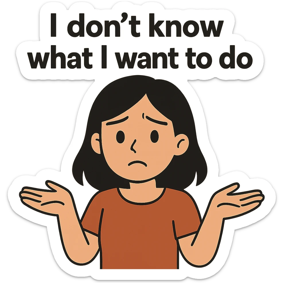 flat toon style confused black-haired girl, 'I don't know what I want to do' face sticker