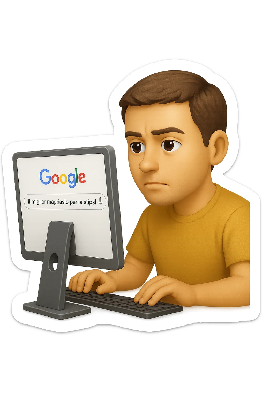 emoji stile iphone di un uomo davanti al pc che cerca di google: "Il miglior magnesio per la stipsi", iperrealistico 4k sticker
