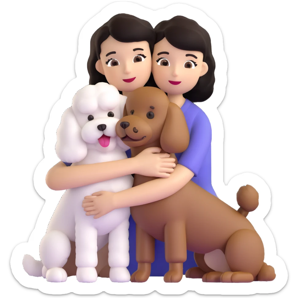Woman with short black straight hair hugging a brown poodle and a white bichon frise sticker