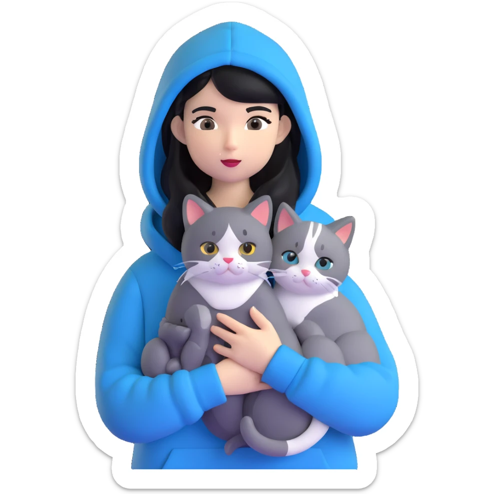 Girl with black hair wearing gray hoodie with a British shorthair blue and white cat and a long-haired blue and white cat sticker