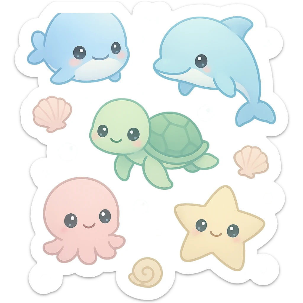 super kawaii soft pastel summer sea theme for LINE app, featuring cute baby whale, dolphin, sea turtle, octopus, starfish, and seashells, with floating bubbles, gentle flat illustration, soft gradient aqua blue background, chibi characters with big sparkling eyes, minimal clean layout, soft shadows, high quality, PNG, transparent background, 9:16 aspect ratio sticker