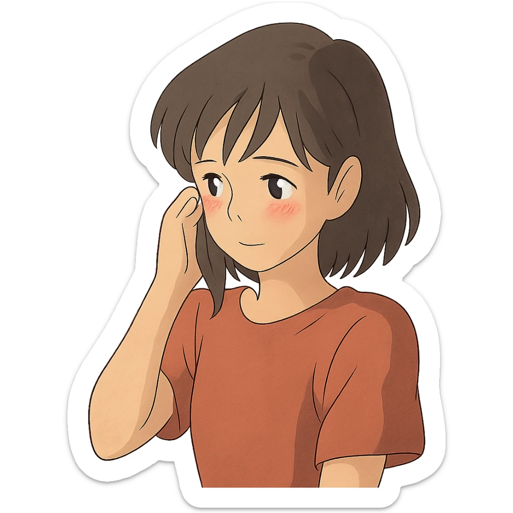 shy girl tucking her hair behind her ear, ghibli style illustration sticker