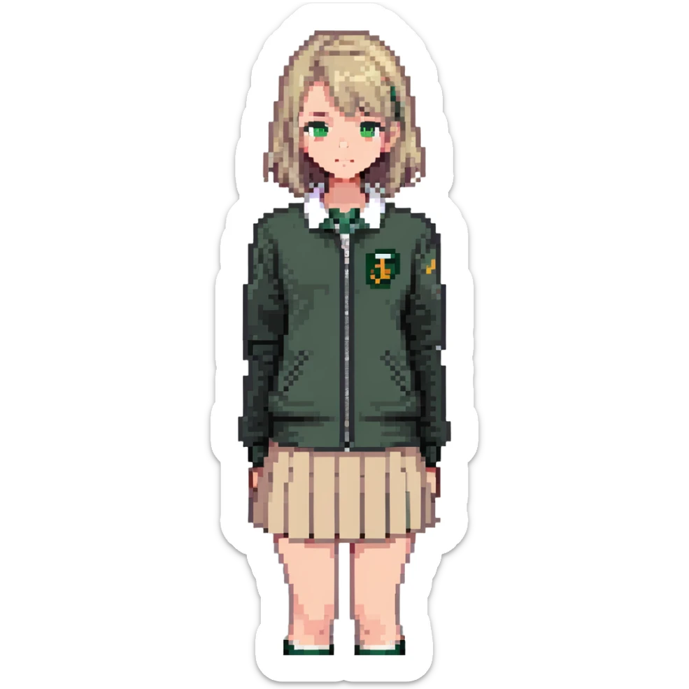 girl in a school uniform wearing a green polo, beige skirt, grey zipper jacket sticker