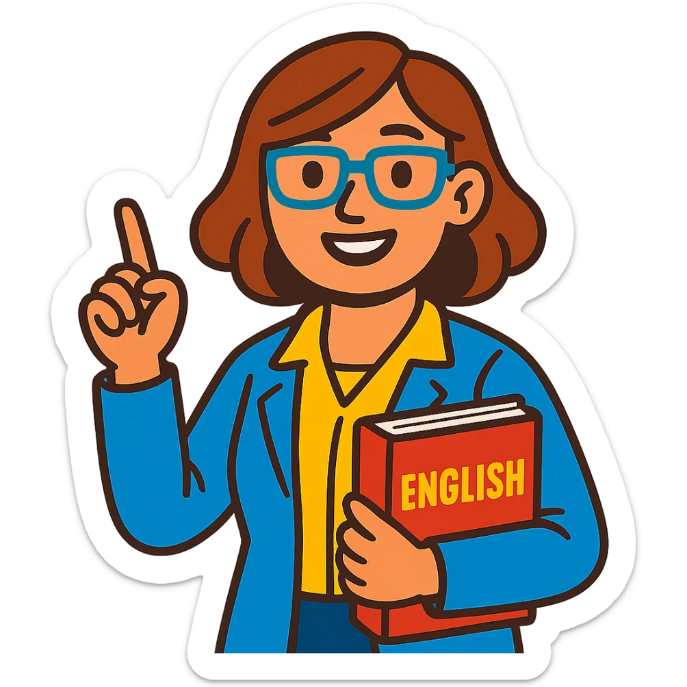 woman English teacher with brown hair, holding a book, vibrant toon style sticker
