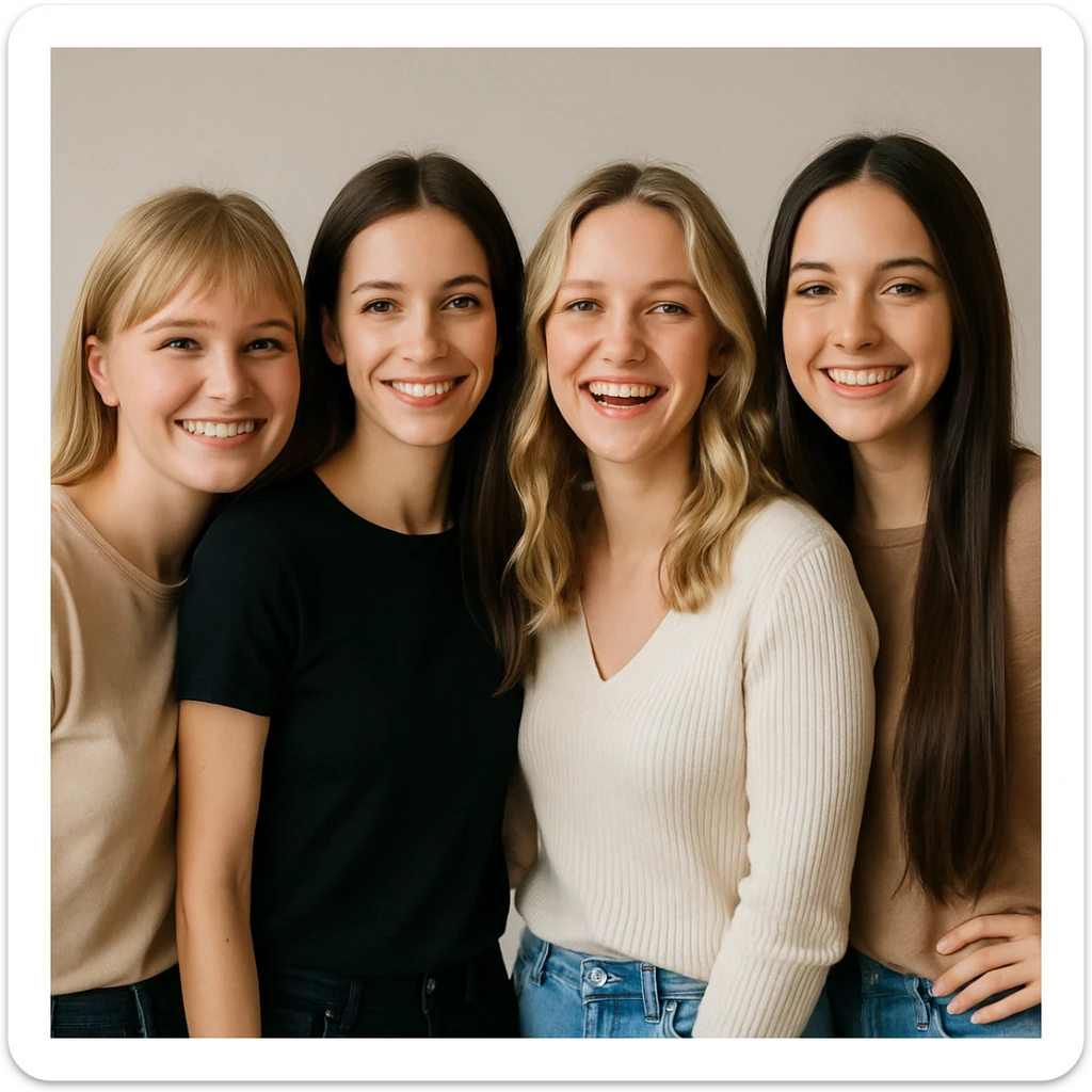 group of four female friends, 25 years old, waist up, from right to left: blonde with straight hair and cheeks, slim brunette, blonde with wavy hair, slim brunette with very long hair; casual clothing, neutral background, friendly atmosphere, happy expressions sticker