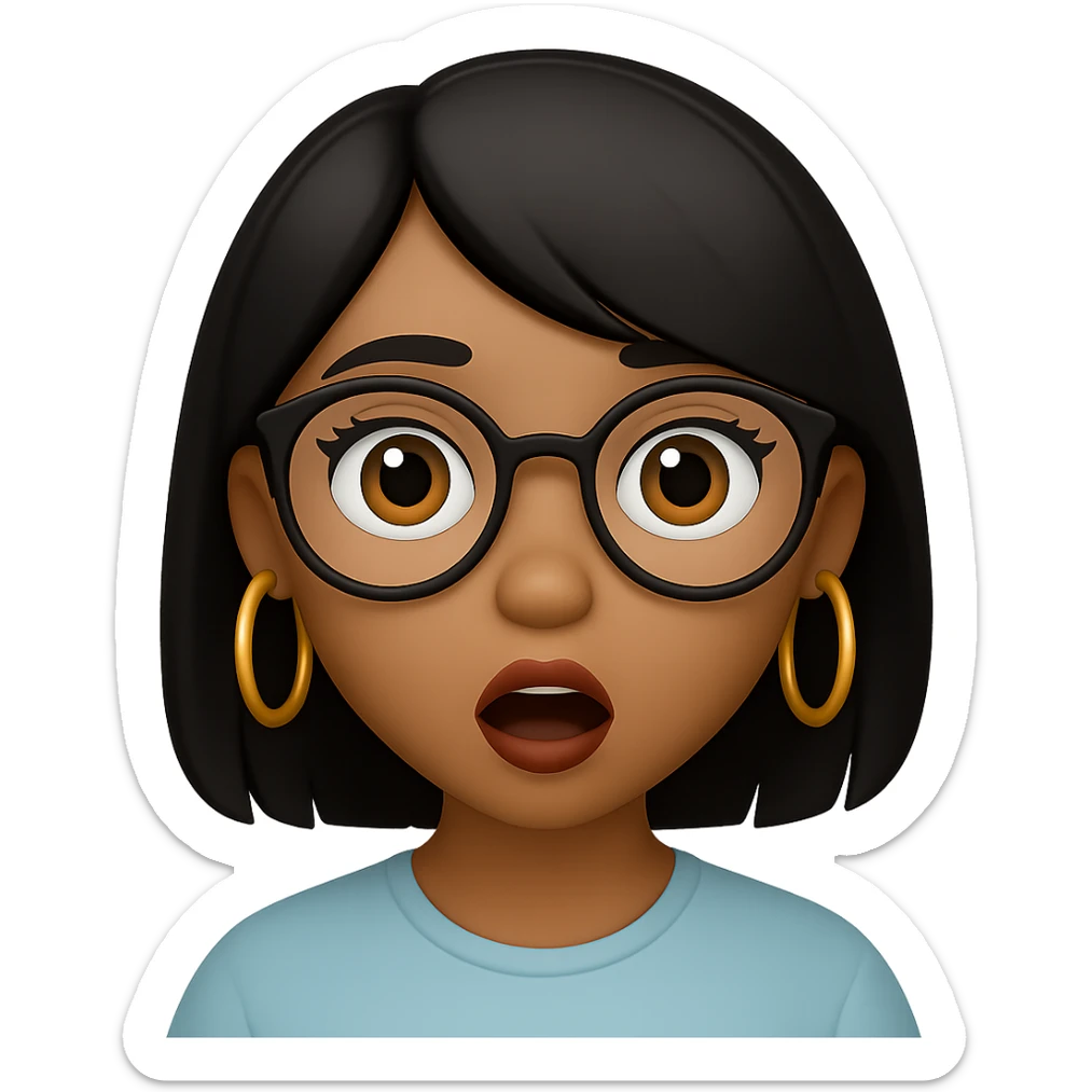 Add gold hoop earrings and stylish glasses to the surprised light brown skin girl with small lips, black layered hair, and doe eyes in emoji style. sticker