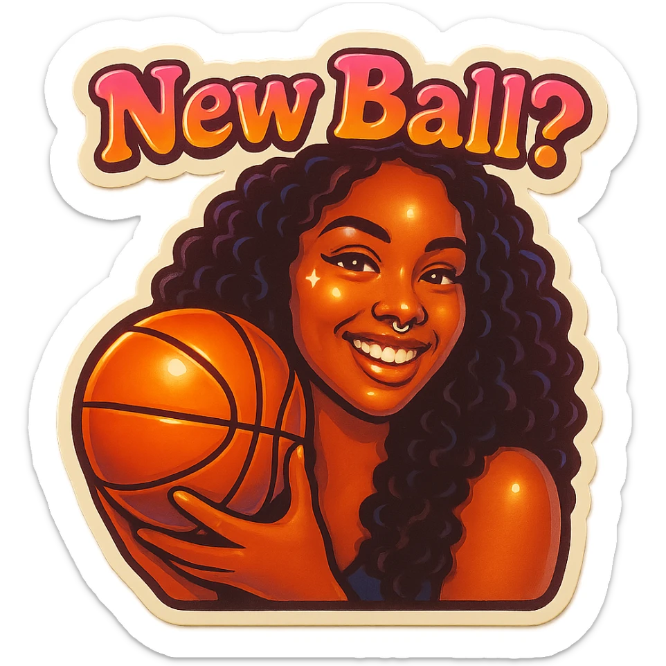 Grin golding a Basketball
add the words New Ball? in pink sticker