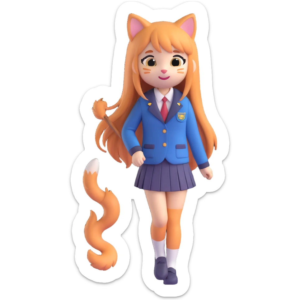 cute 3D cat girl, long flowing hair, shy smile, cat tail, school uniform, soft lighting sticker