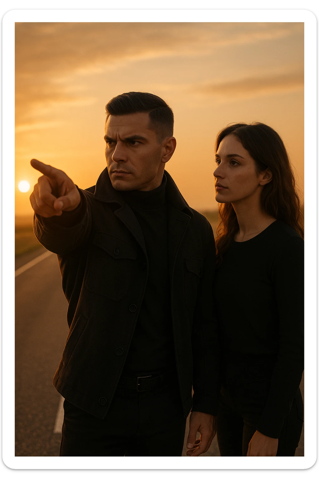Cinematic photo of a confident man giving clear direction to a woman, standing in front of her with a firm but calm expression, pointing forward as if showing her the path to follow. The man is dressed in a dark jacket, embodying the role of a commander, while the woman looks at him attentively, ready to follow. The setting is an open road at sunrise with soft golden light, symbolizing new beginnings and leadership. Shot from a side angle, capturing both profiles with a clear view of his guiding gesture. sticker