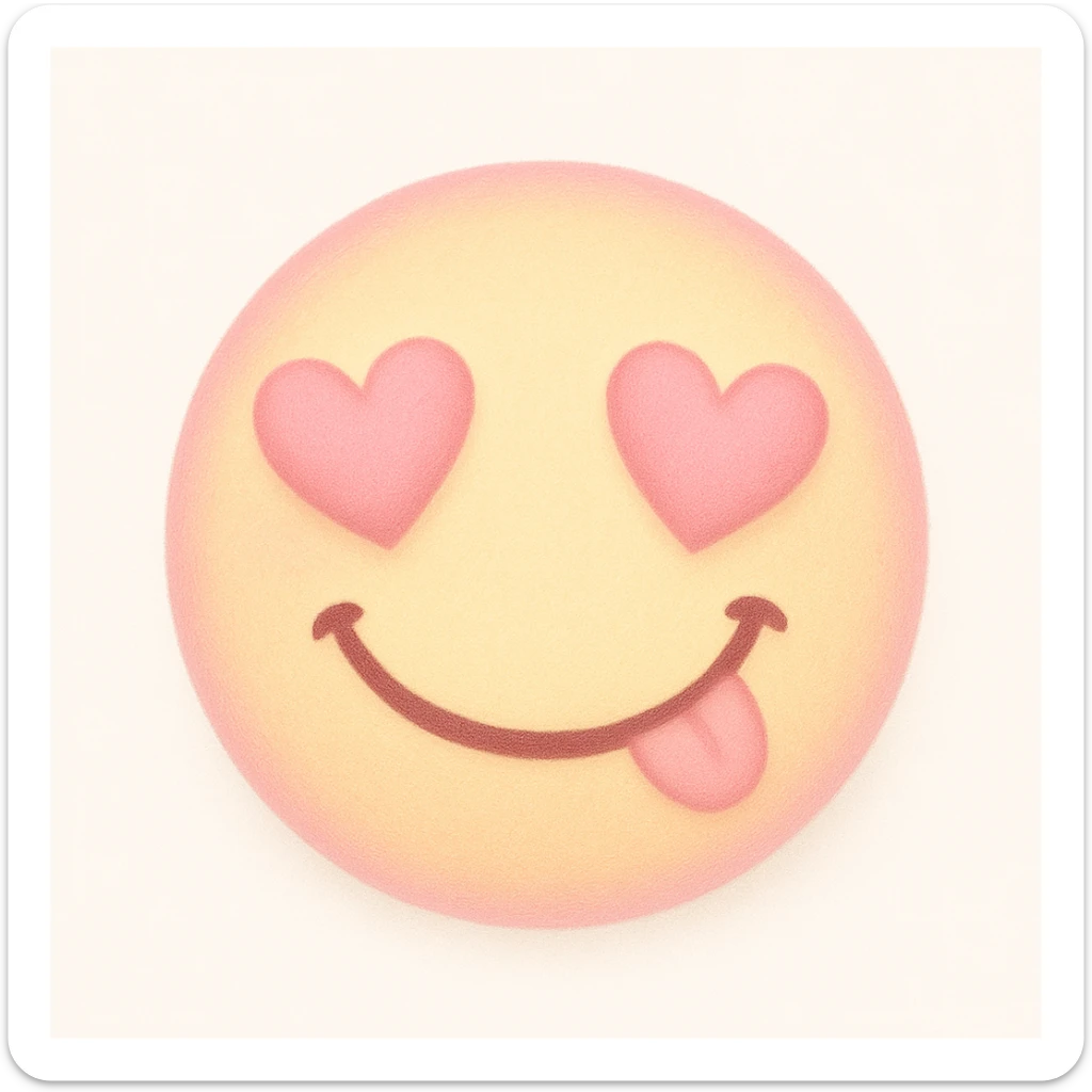 cute emoji, heart eyes, playful grin, pastel pink and yellow sticker