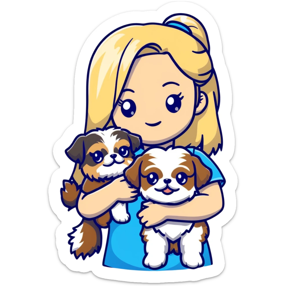 White blond girl with long hair and blue eyes holding a small female shih tzu dog sticker