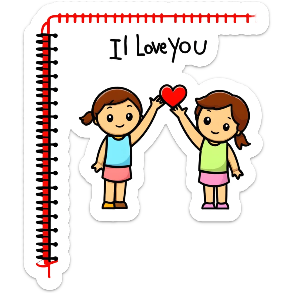 A piece of notebook paper with two stick figure girls with brown hair drawn it with a message that reads I love you  sticker