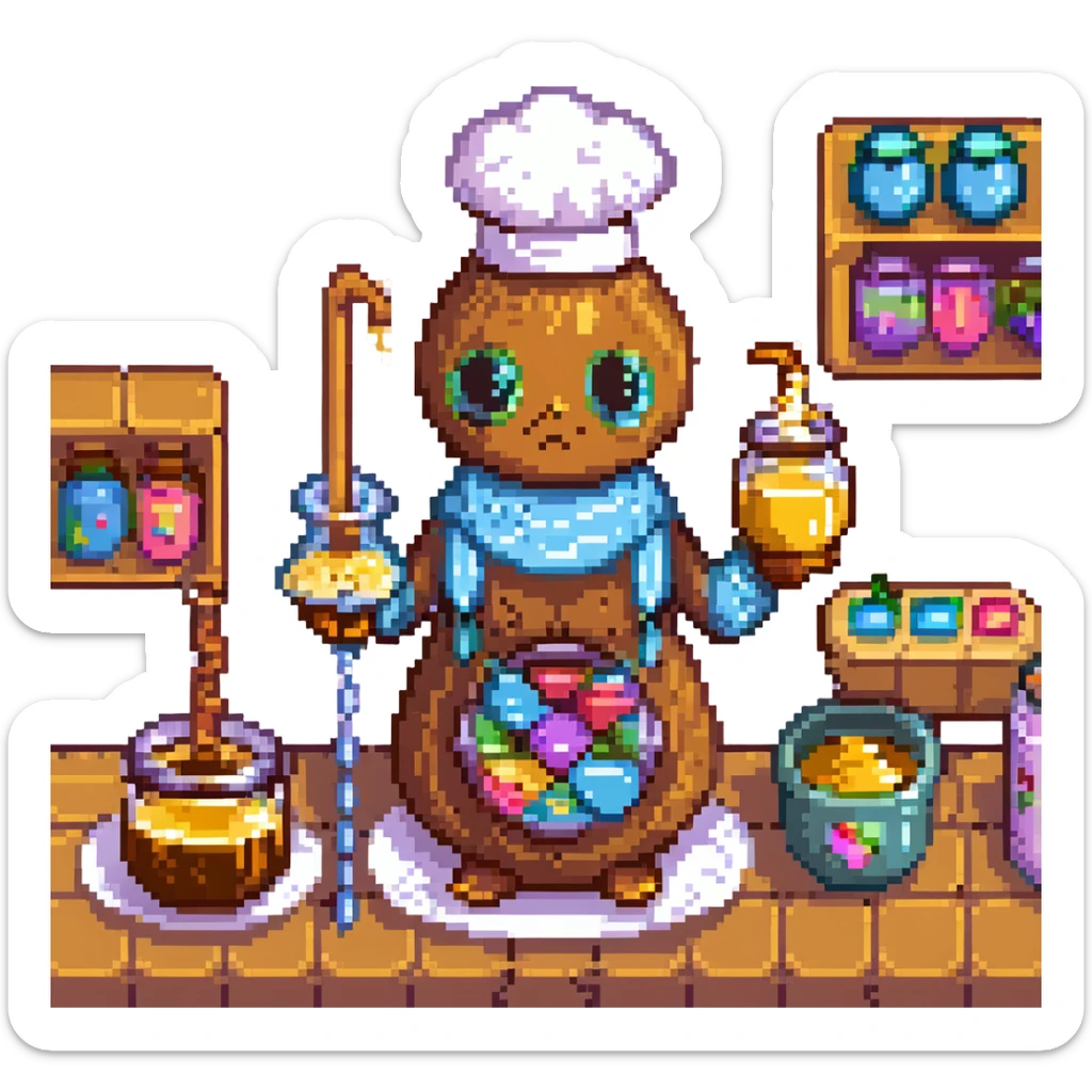 A candy-themed alchemist with caramel pipes, sugar-glass beakers, and honey-dripping mixers. The lab glows with syrupy hues and sticky textures. Interface buttons look like jelly beans, sliders resemble licorice sticks, and transitions melt like chocolate. sticker