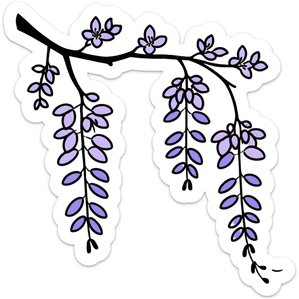 Artistic Japanese wisteria (fuji) flower with sumi-e inspired brush strokes, hanging lavender bloom clusters, zen minimalist aesthetic with subtle ink wash background sticker