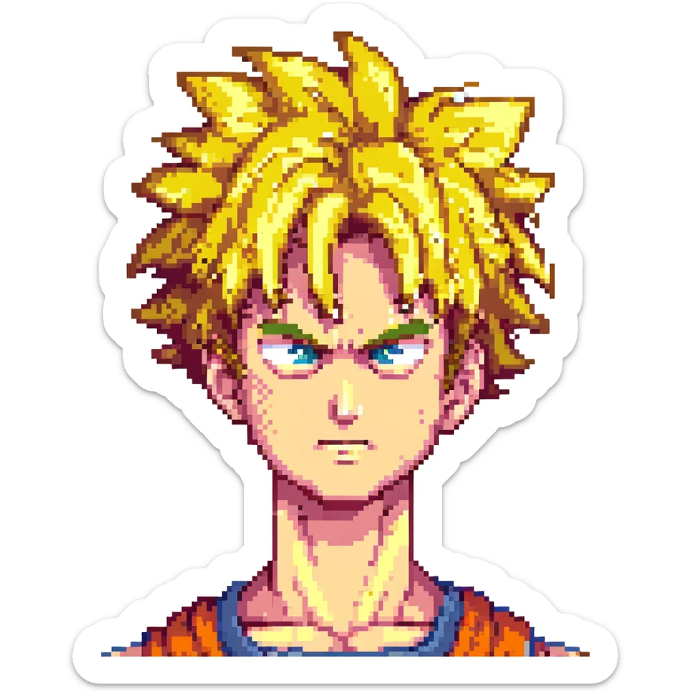 Goku from Dragon Ball Z, pixel art style, Super Saiyan form, golden hair, intense expression sticker