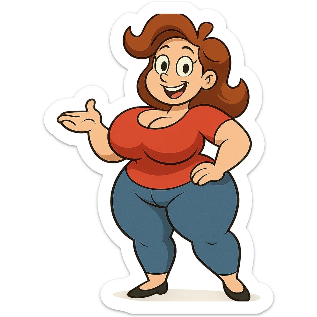 A woman with exaggerated proportions, focusing on a cartoonish and playful style sticker
