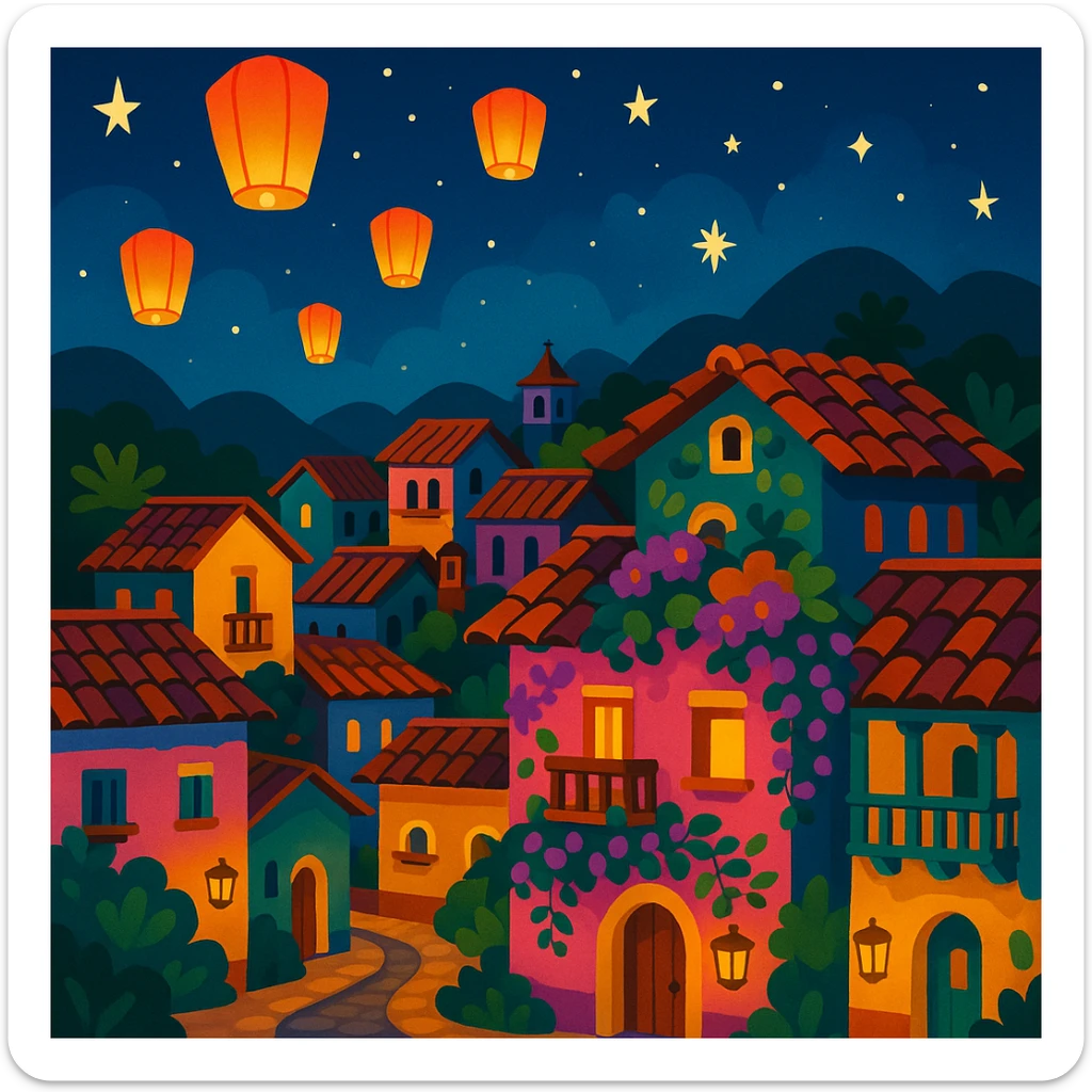 mystical Colombian village at night with floating lanterns, traditional houses, magical realism touches, storybook illustration style sticker