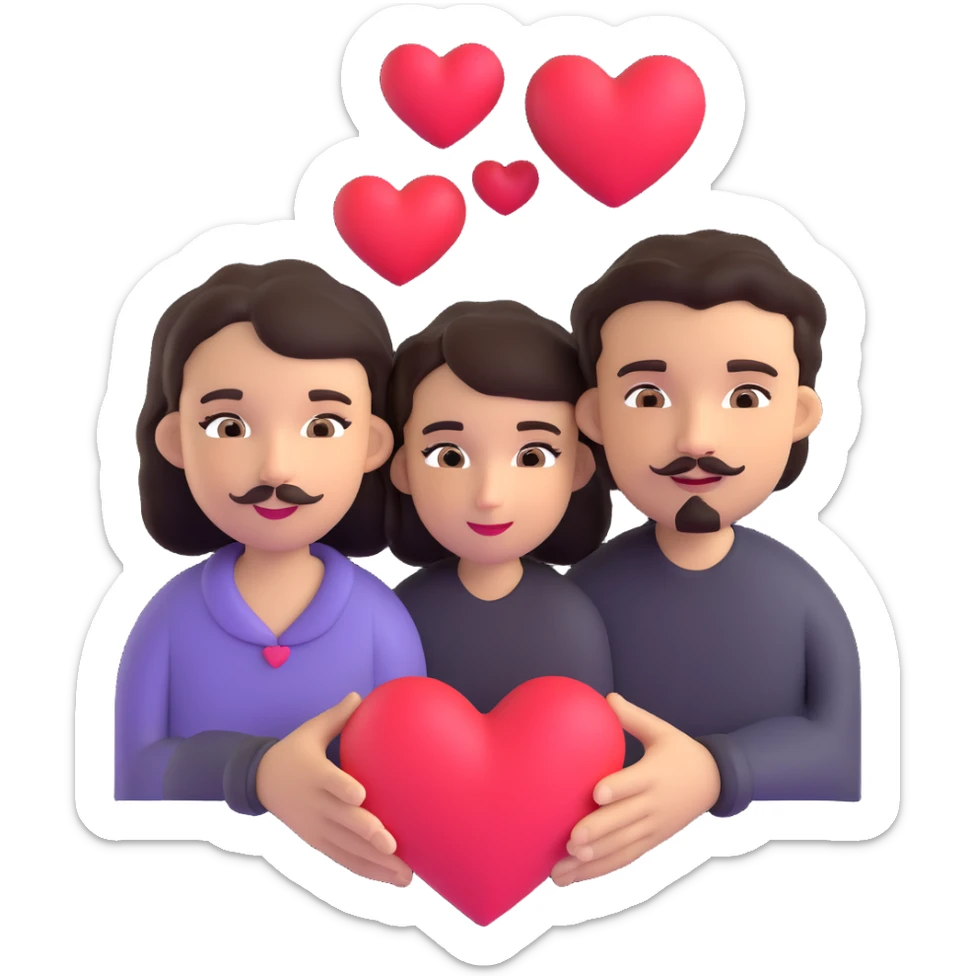 couple emoji: pale girl with long straight dark brown hair, no facial hair; tan boy with short black curly hair, small goatee and separate mustache; multiple hearts around the couple sticker