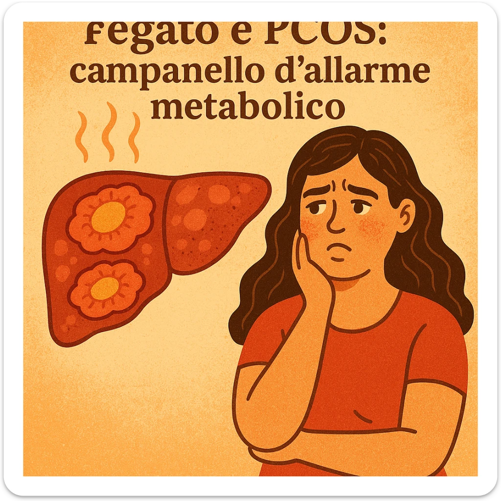 symbolic scene, stylized liver with swollen and inflamed areas, next to a woman with PCOS looking worried, Italian text: 'Fegato e PCOS: campanello d’allarme metabolico', warm colors, 4K quality sticker