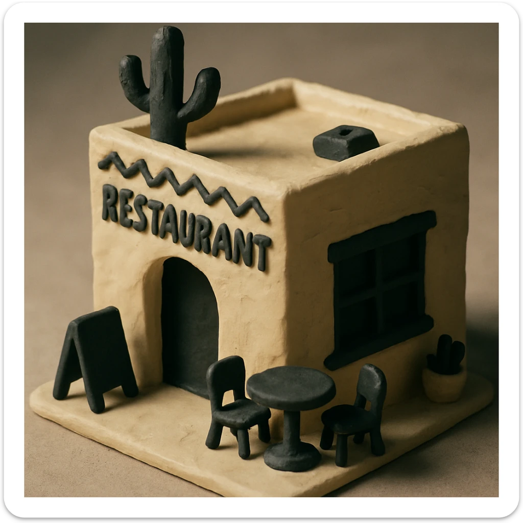 isometric exterior of a small southwestern restaurant, black, beige, and white color palette, 3D realistic, claymation look sticker