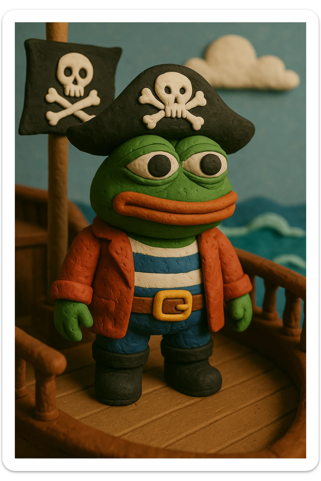Add the exact skull and crossbones symbol to the pirate flag and the pirate hat in the claymation style image of Pepe the Frog in pirate attire standing on a pirate ship deck with an ocean scene. sticker