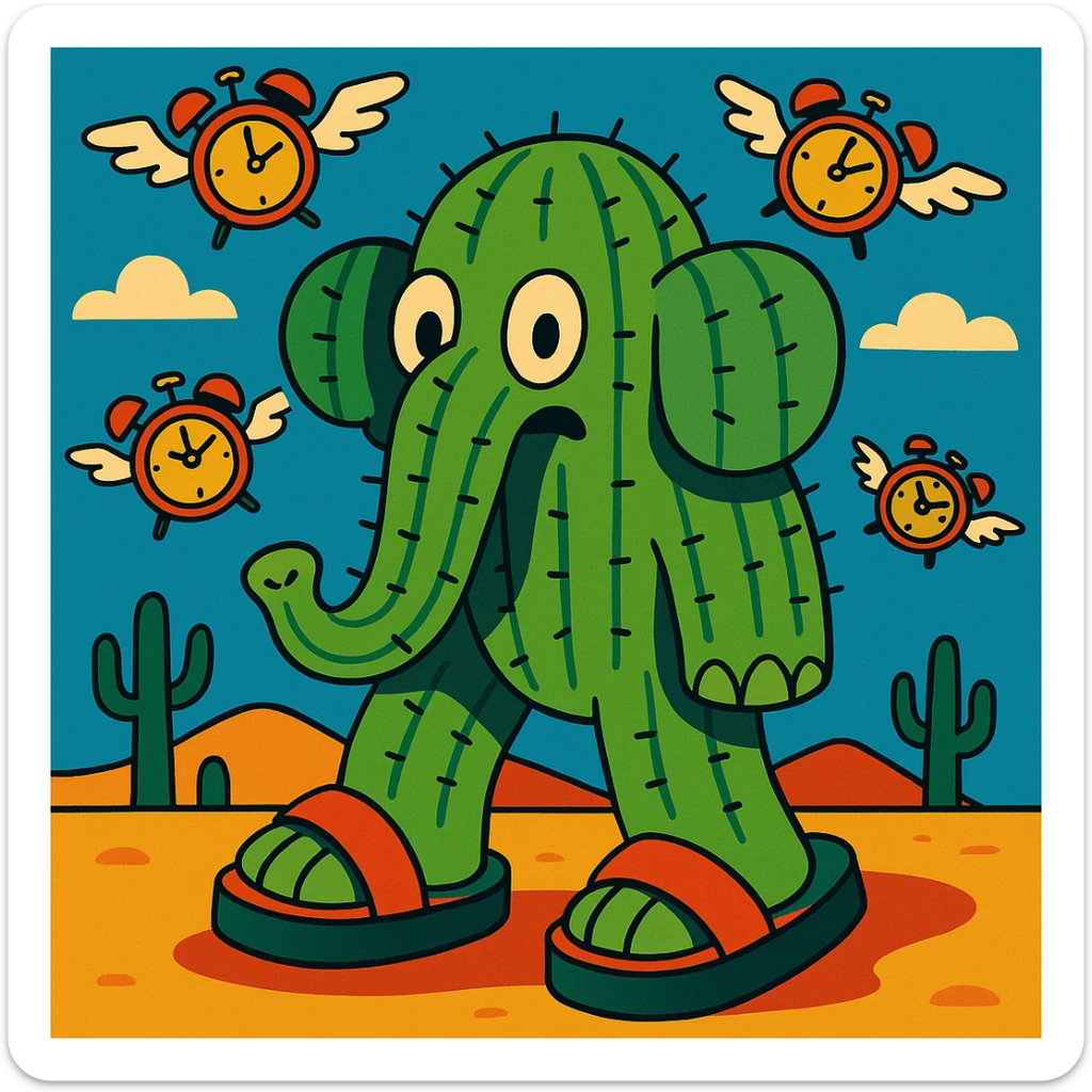 giant cactus elephant wearing huge sandals in a desert with flying alarm clocks in the sky, inspired by Lyriq LaRue from Super Brainrot sticker