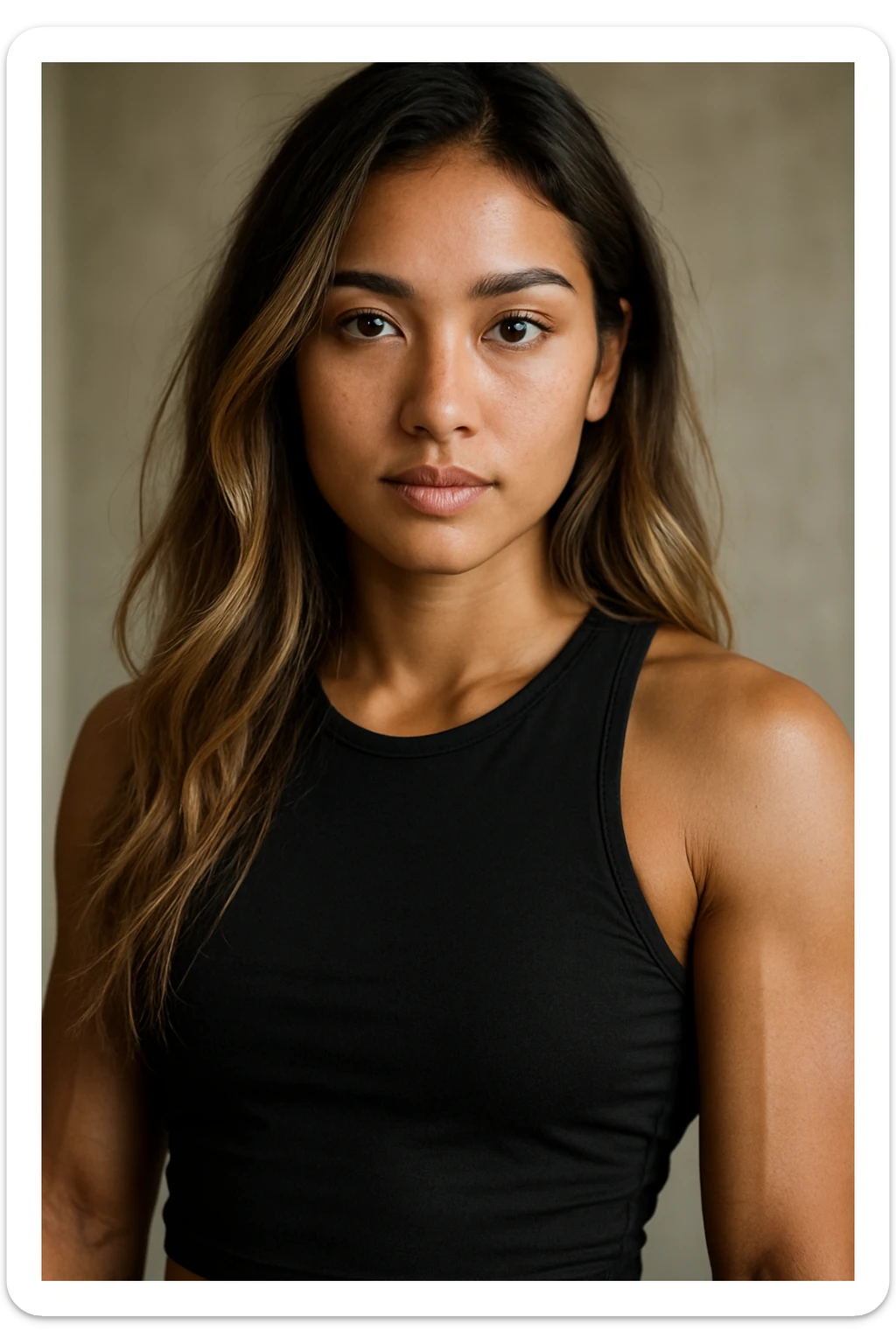 portrait of a half white half asian girl with tanned skin, brown hazel eyes, long slightly wavy brown balayage blond hair, wearing a tight black top, with a bit buff physique from gym sticker