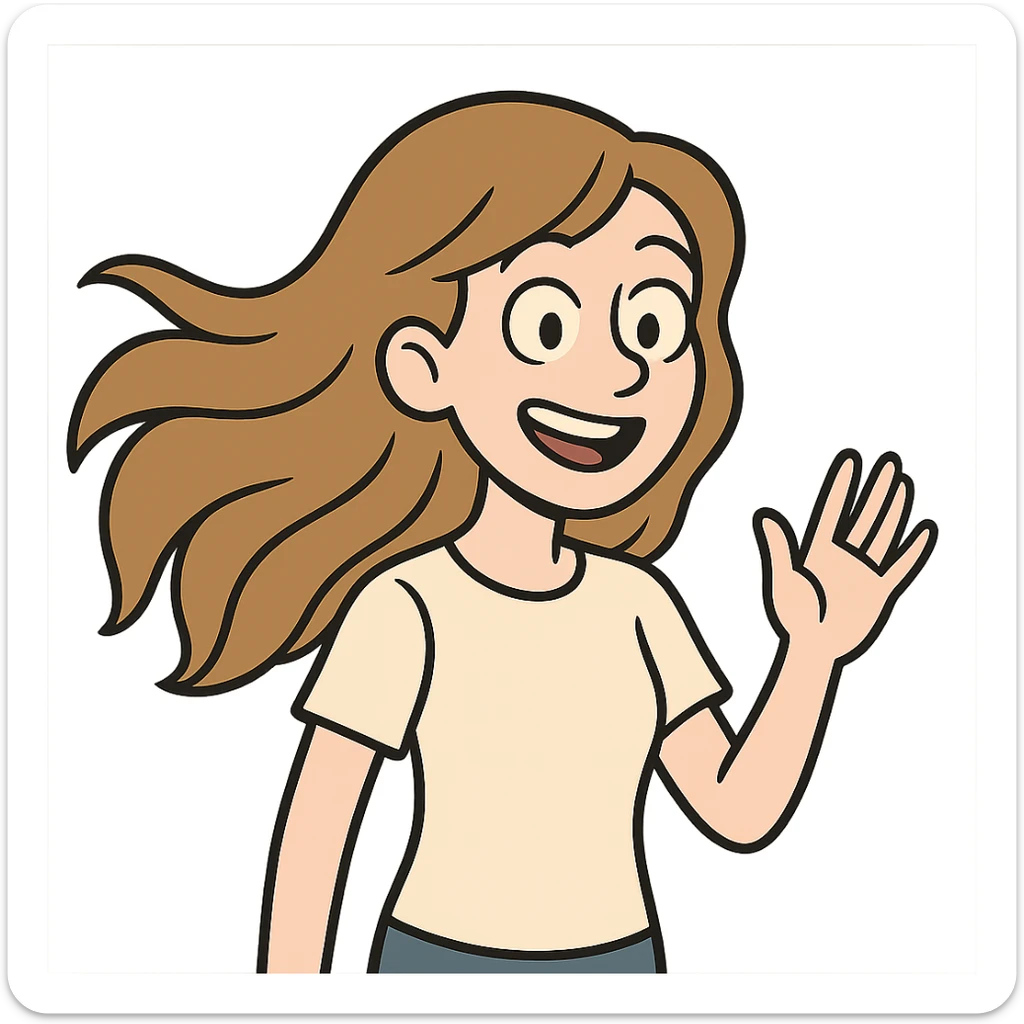 smiling girl with long, waving hair and white skin, flat toon style sticker