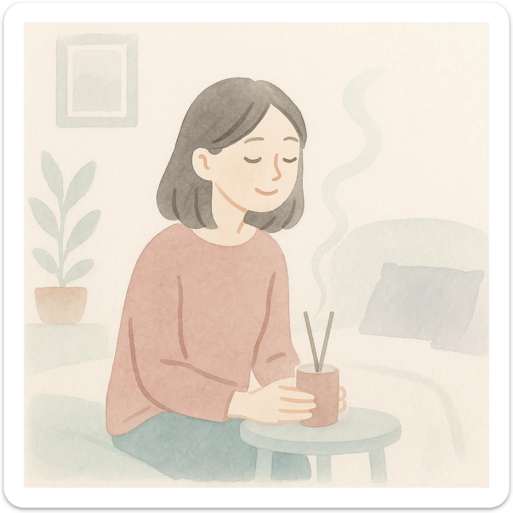 a girl in a bedroom, looking sad, then smelling a scent like from a candle or diffuser, her mood changing to relaxed, watercolor art style sticker