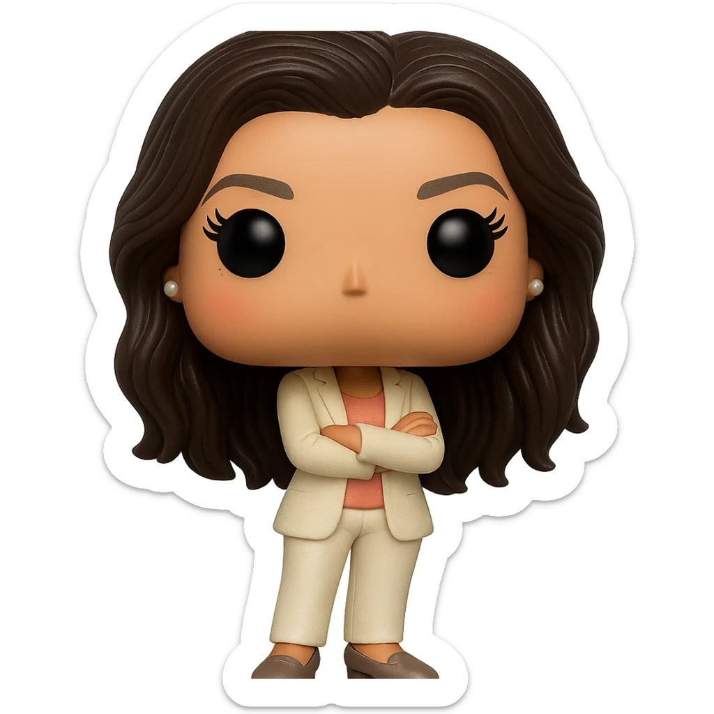 Create a Funko Pop style vinyl figure of Eva Longoria with ultra high definition. Show luminous smooth tanned skin, extremely detailed dark hair, hyper-textured cream blazer, peach top, cream bottoms, small pearly earrings, and greige leather loafers clearly visible. Pose with arms crossed, rosy cheeks, very discreet freckles, eyelashes, mischievous and cheerful expression, no mouth. Transparent background. sticker