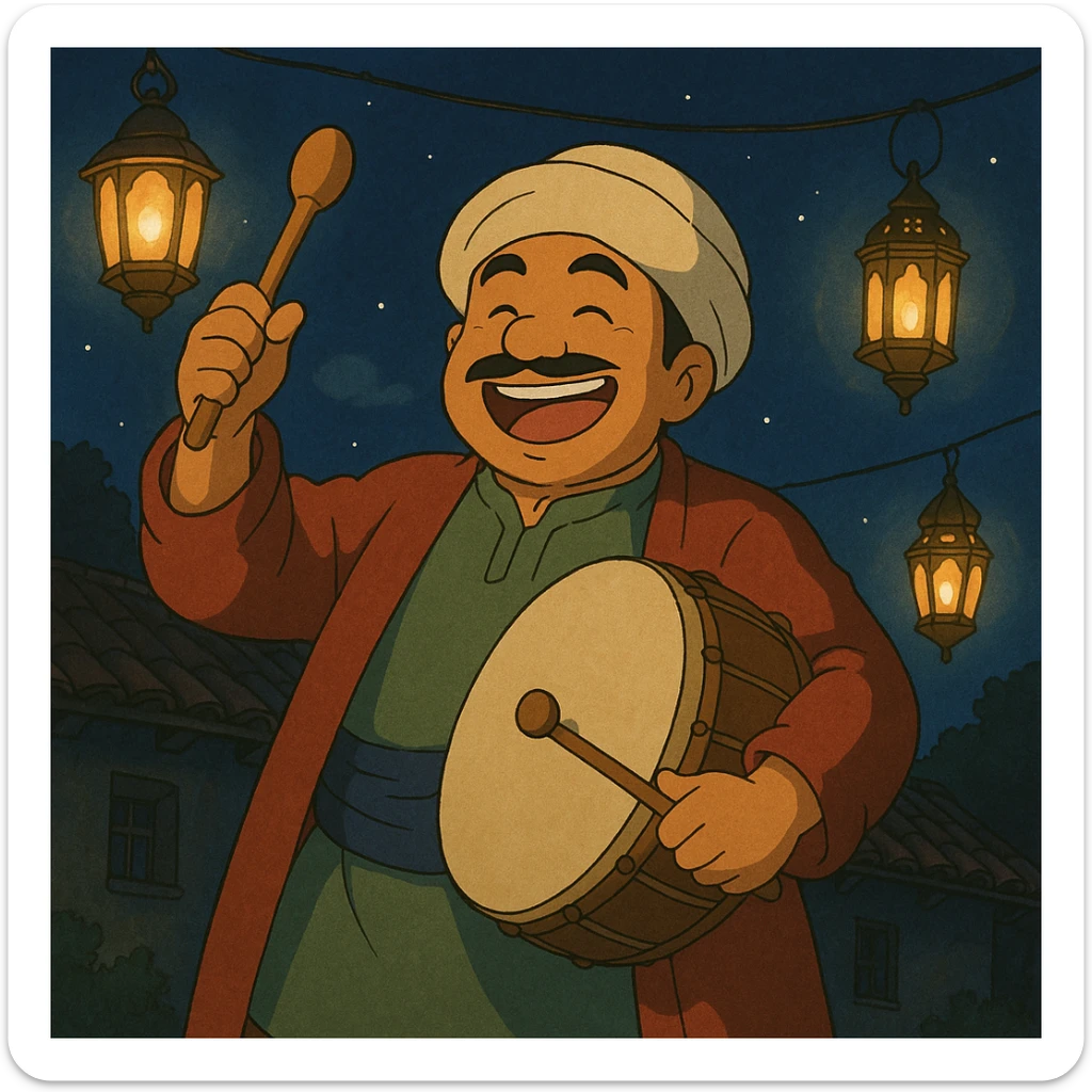 ghibli style scene of a joyful sahur drummer in traditional clothes, lanterns, night sticker