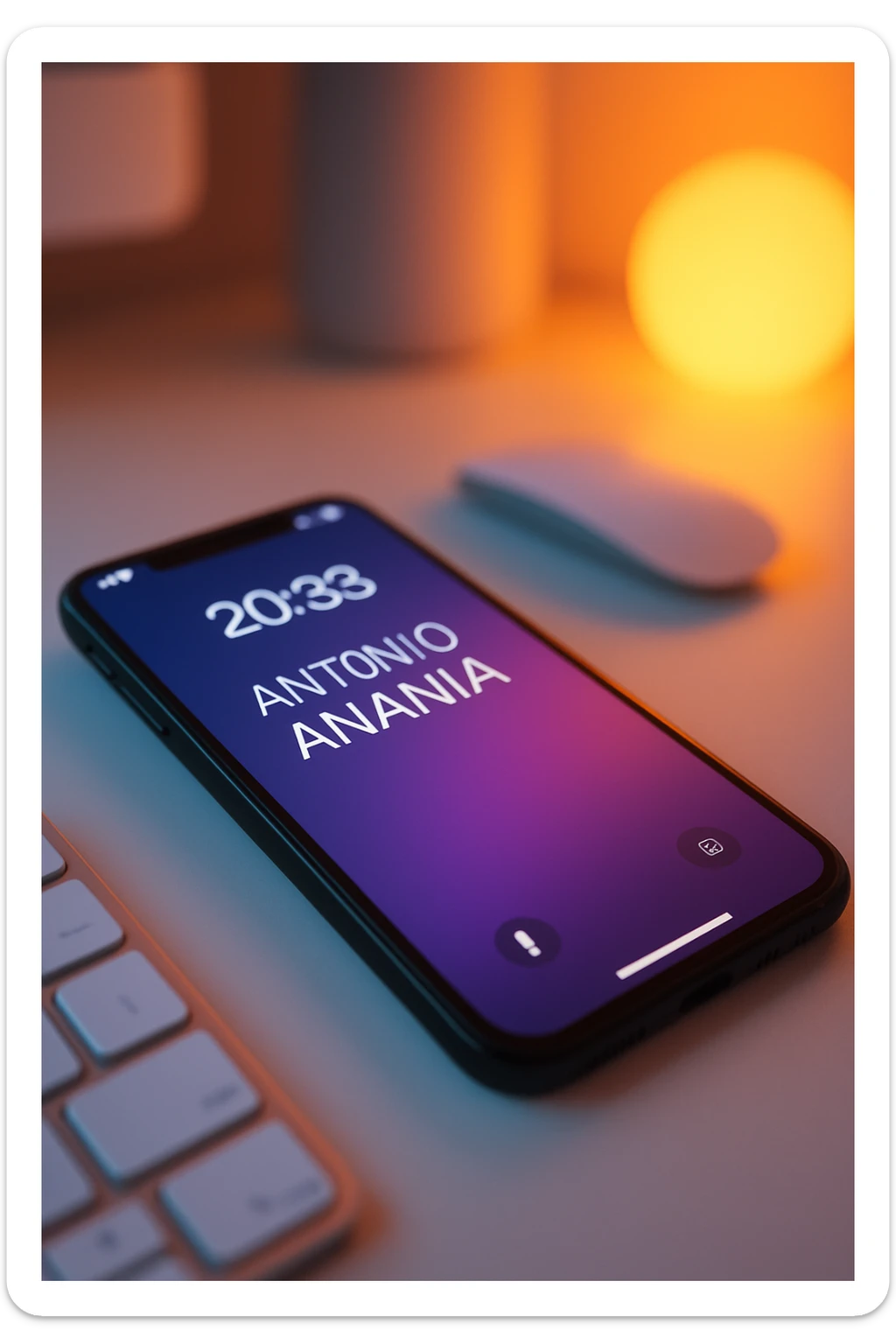 A photo of an iPhone on the desk with the message "Antonio Anania" on its screen, The phone sits atop a desk with a blurred background that suggests work environment. A faint glow from above casts gentle shadows across the surface of each object, creating depth and highlighting their textures sticker