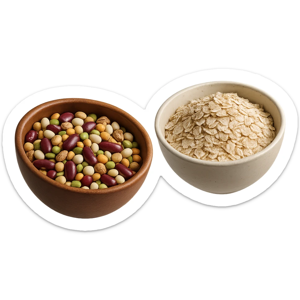 BOWL DI LEGUMI FLUTTUA IN ARIA INSIEME A BOWL DI FIOCCHI DI AVENA,  iperrealistico 4k sticker