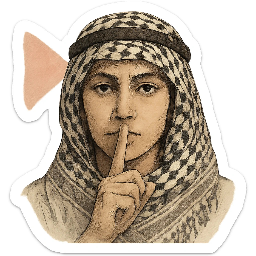 a person with a finger to their lips for silence, wearing a traditional Palestinian kufiya, and a faint Palestinian flag motif in the background, subtle, artistic sticker