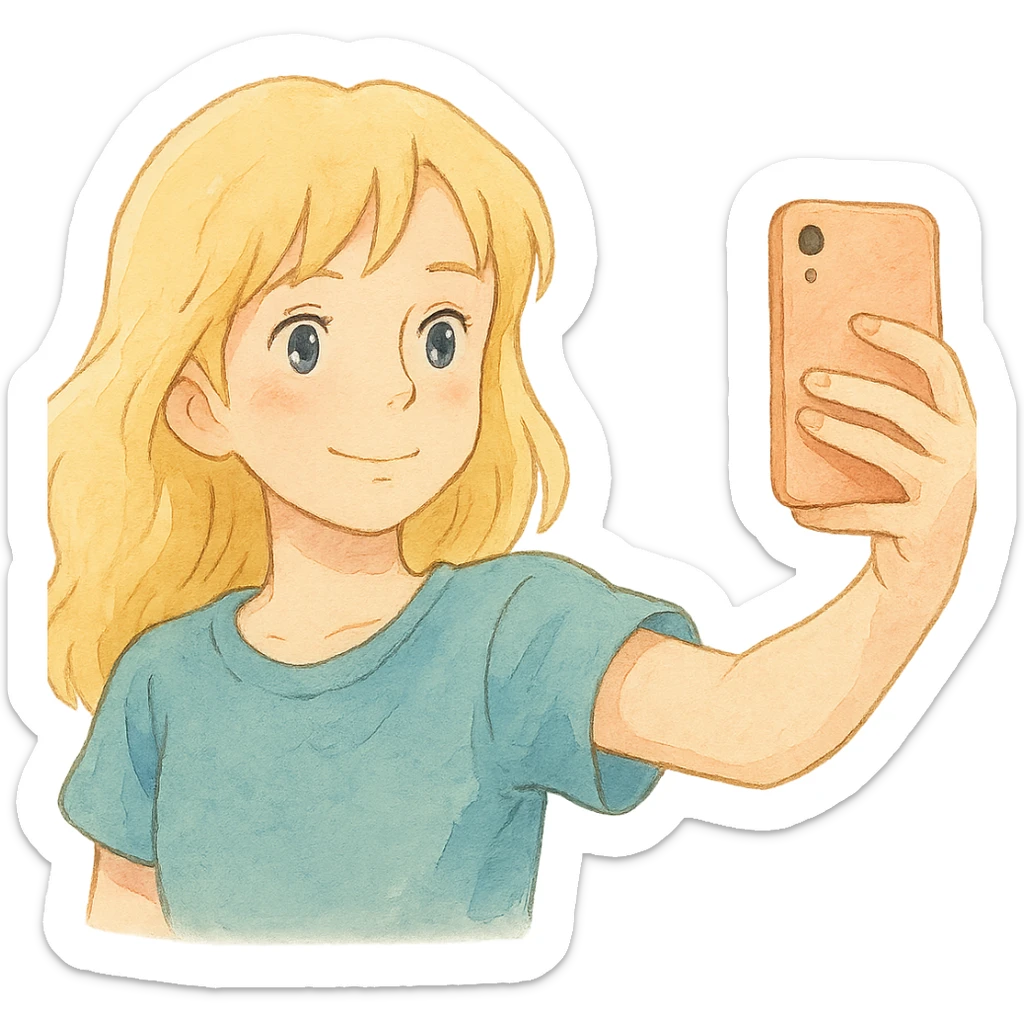ghibli style illustration of a blonde girl taking a selfie with soft colors sticker